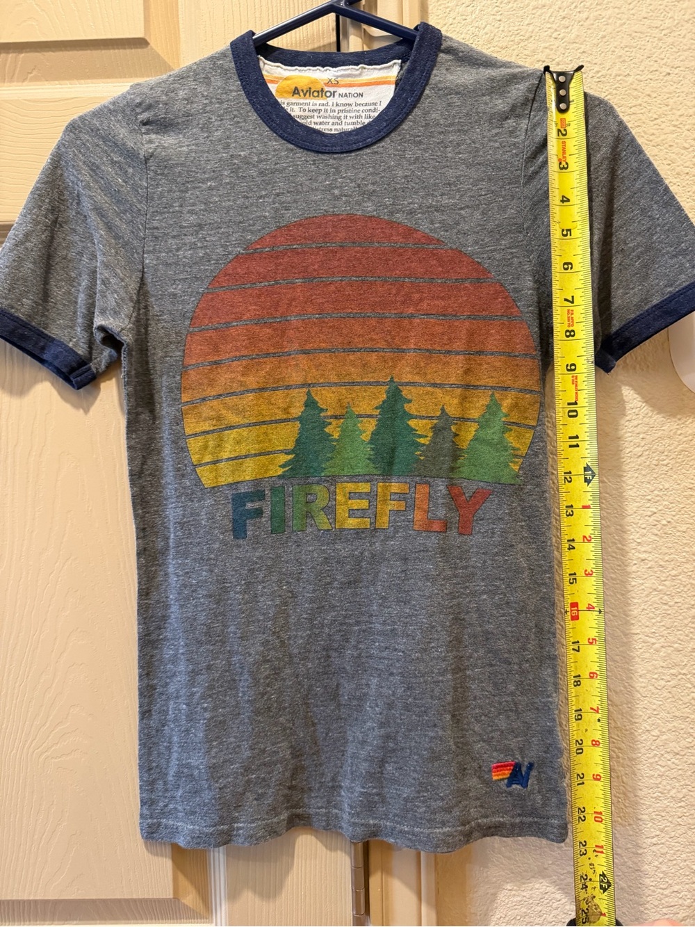 Aviator Nation Firefly Graphic Ringer Tee in Heather Gray with Navy Trim XS - Picture 5 of 7